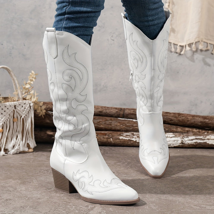 Embroidered knee-high cowboy boots for women, stylish pointed toe & secure block heel.