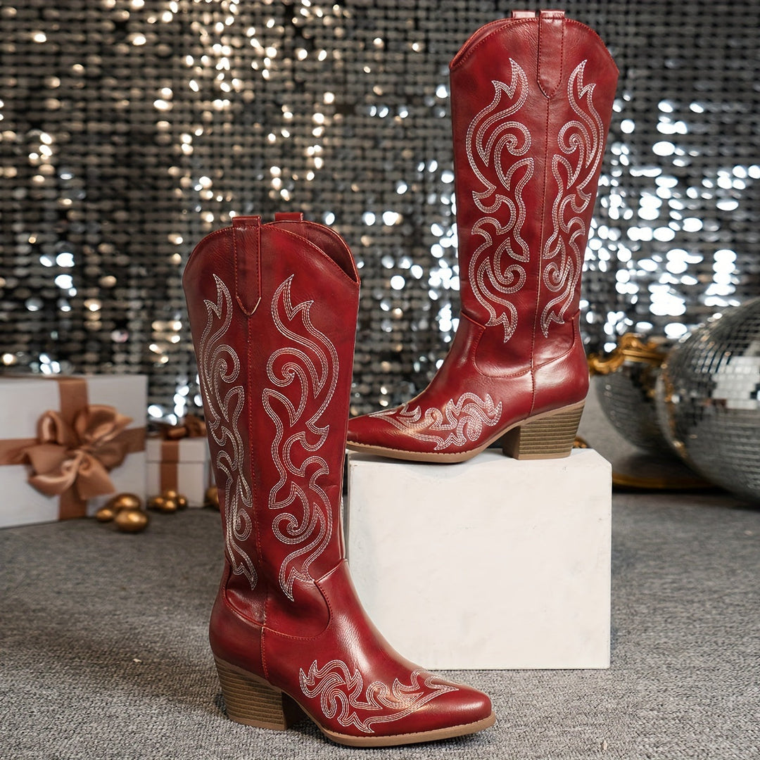 Women's cowboy boots, knee-high fit, classic design, block heel for comfort & style.