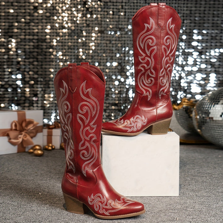 Women's cowboy boots, knee-high fit, classic design, block heel for comfort & style.