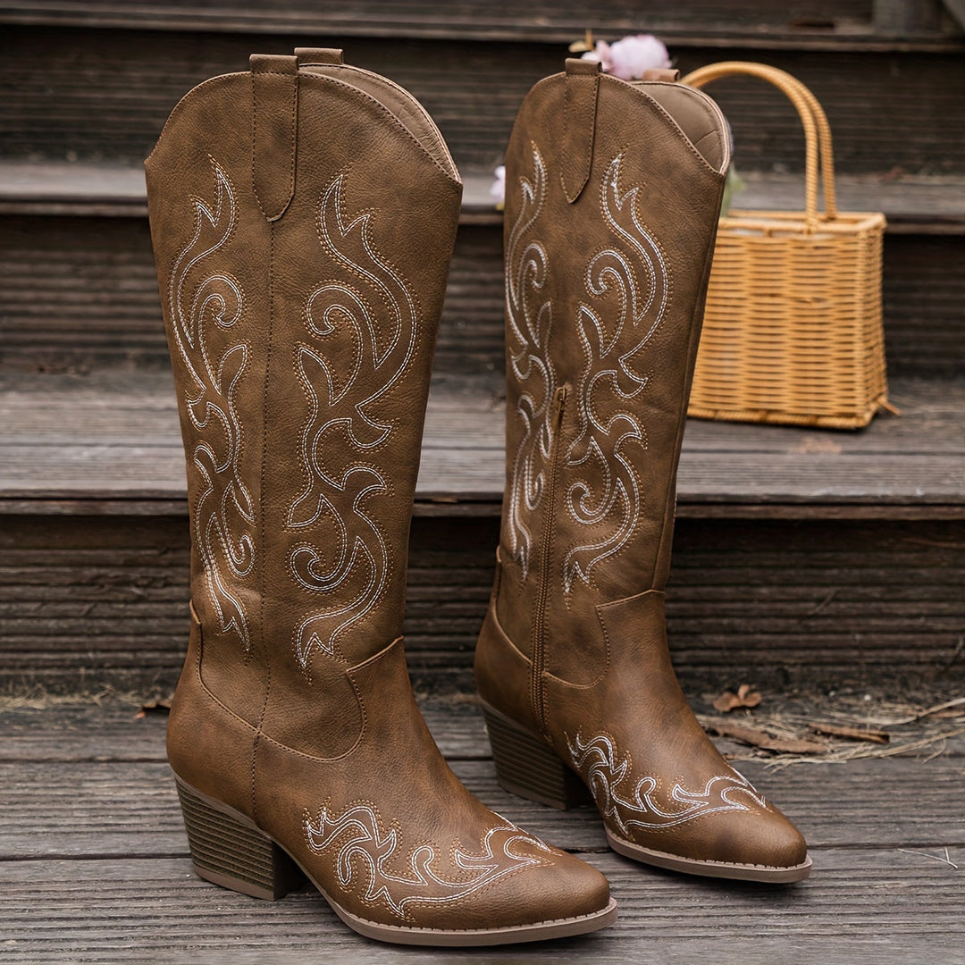 Stylish women's tall boots, western-inspired embroidery, block heel for a confident stride.