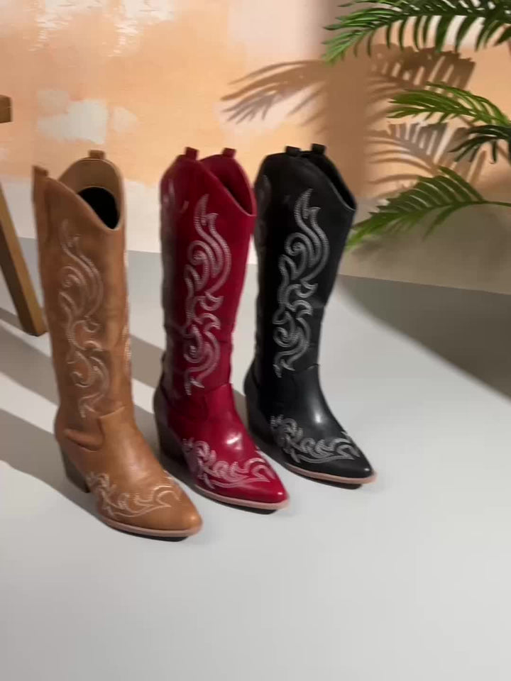 Classic women's knee-high boots, cowboy silhouette, block heel, and chic pointed toe.