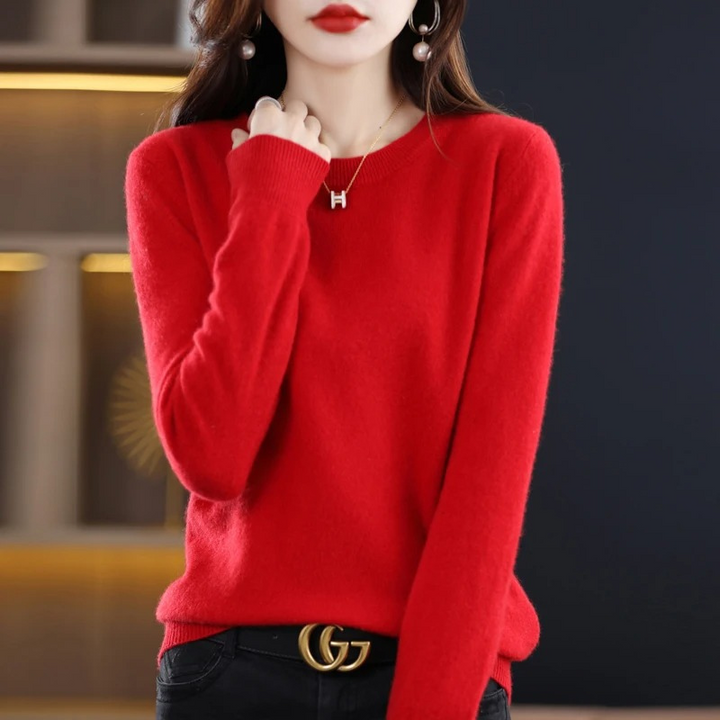 Wardrobe essential: soft women's classic round neck sweater, perfect for stylish everyday wear.