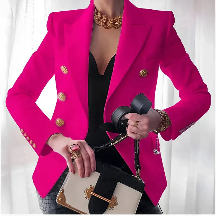 Close-up of a sophisticated women's tailored blazer, showcasing its quality fabric and classic design details.