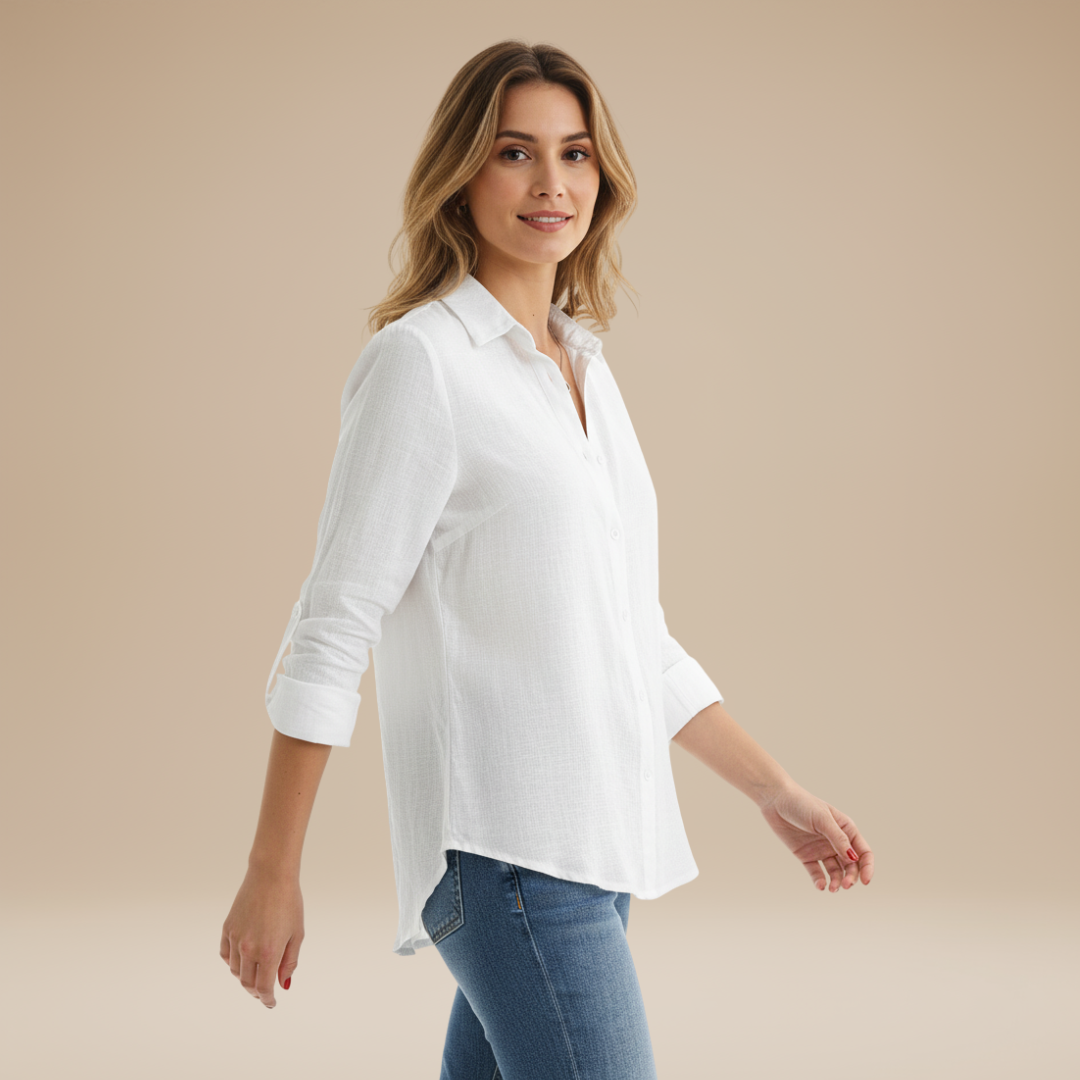 Women's button-up shirt, easily dressed up for work or down for casual summer wear.