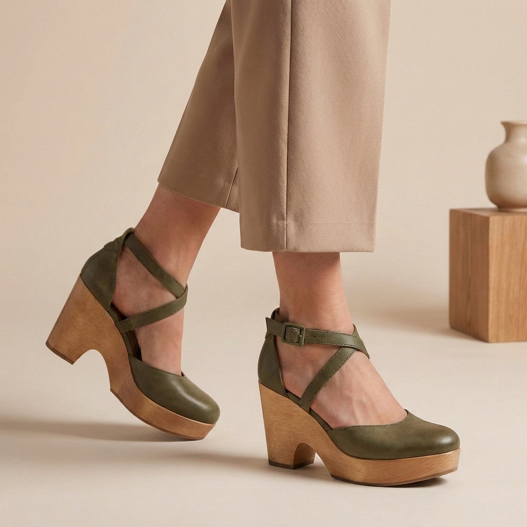 Stylish women's platform wedge sandals, closed toe with secure ankle strap, offering comfortable, chic footwear.