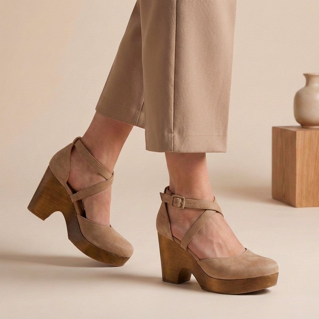 Elegant women's closed-toe platform wedge sandals, featuring a secure ankle strap for fashionable support.