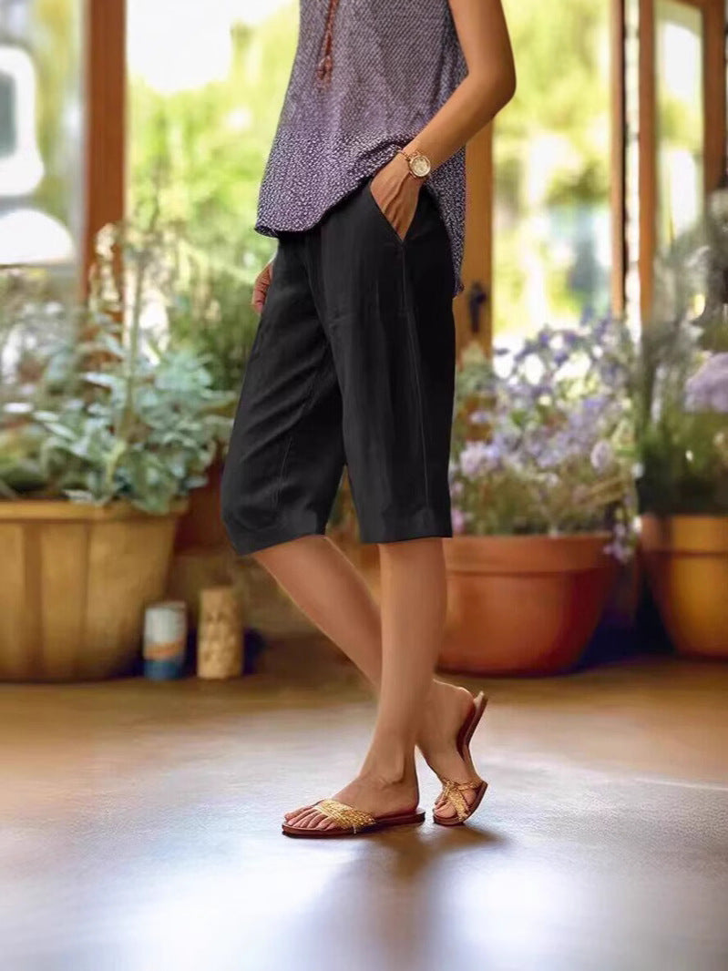 Women's comfortable knee-length Bermuda shorts. Lightweight, relaxed fit for summer, vacation, or casual daily wear.