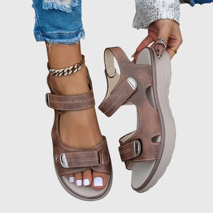 Khaki women's supportive orthopaedic sandals for summer, offering relief from chronic foot pain.