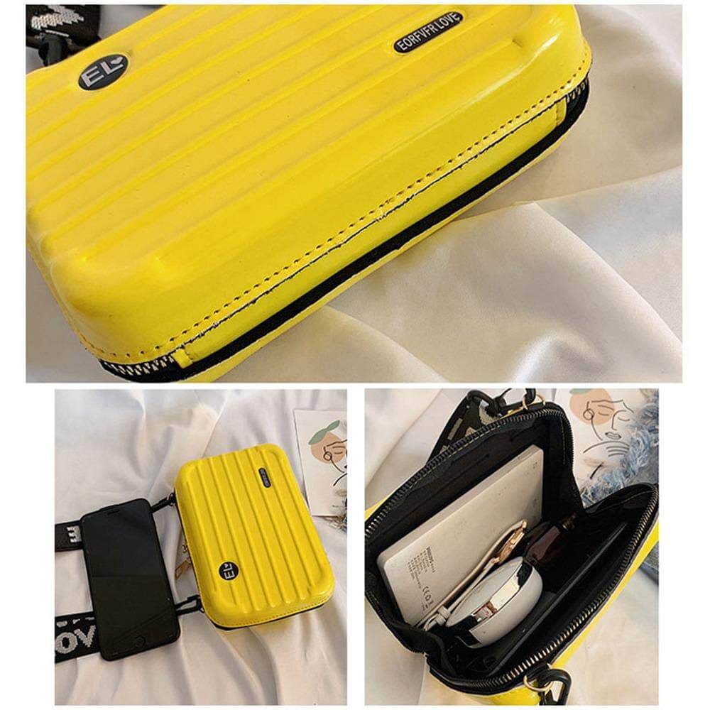 Durable compact hard shell crossbody bag for women, waterproof PVC for travel.