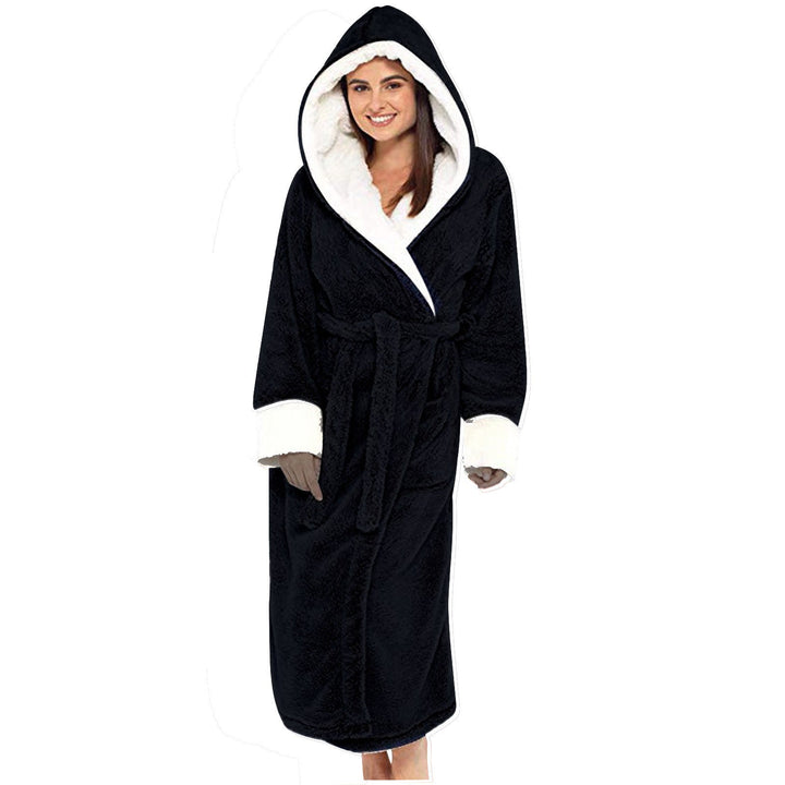 Women's cozy fleece robe with hood and belt for ultimate comfort and warmth.