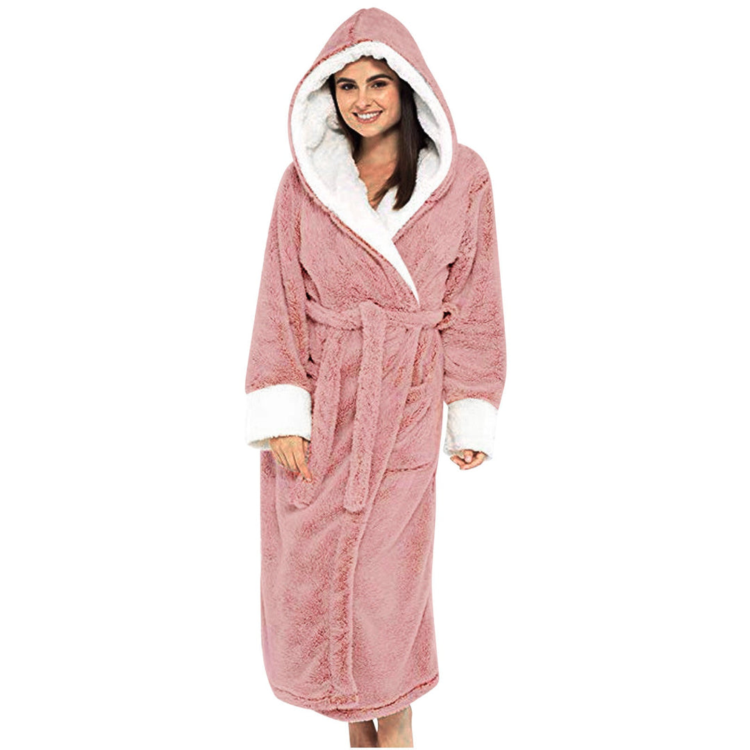 Everyday women's cozy fleece robe with hood, belted for relaxed and comfortable home wear.