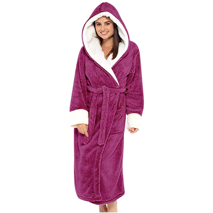 Plush women's winter fleece robe, hooded and belted, ideal for cozy loungewear.