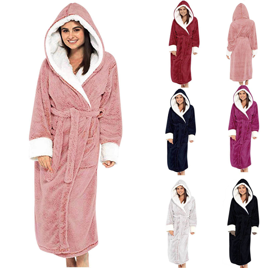 Warm hooded fleece robe for women, perfect winter loungewear or comfortable sleepwear.
