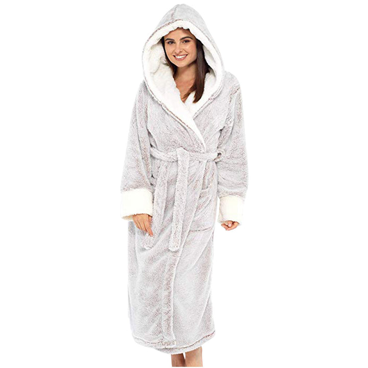 Stylish hooded fleece robe for women, plush and cozy with a secure belt closure.