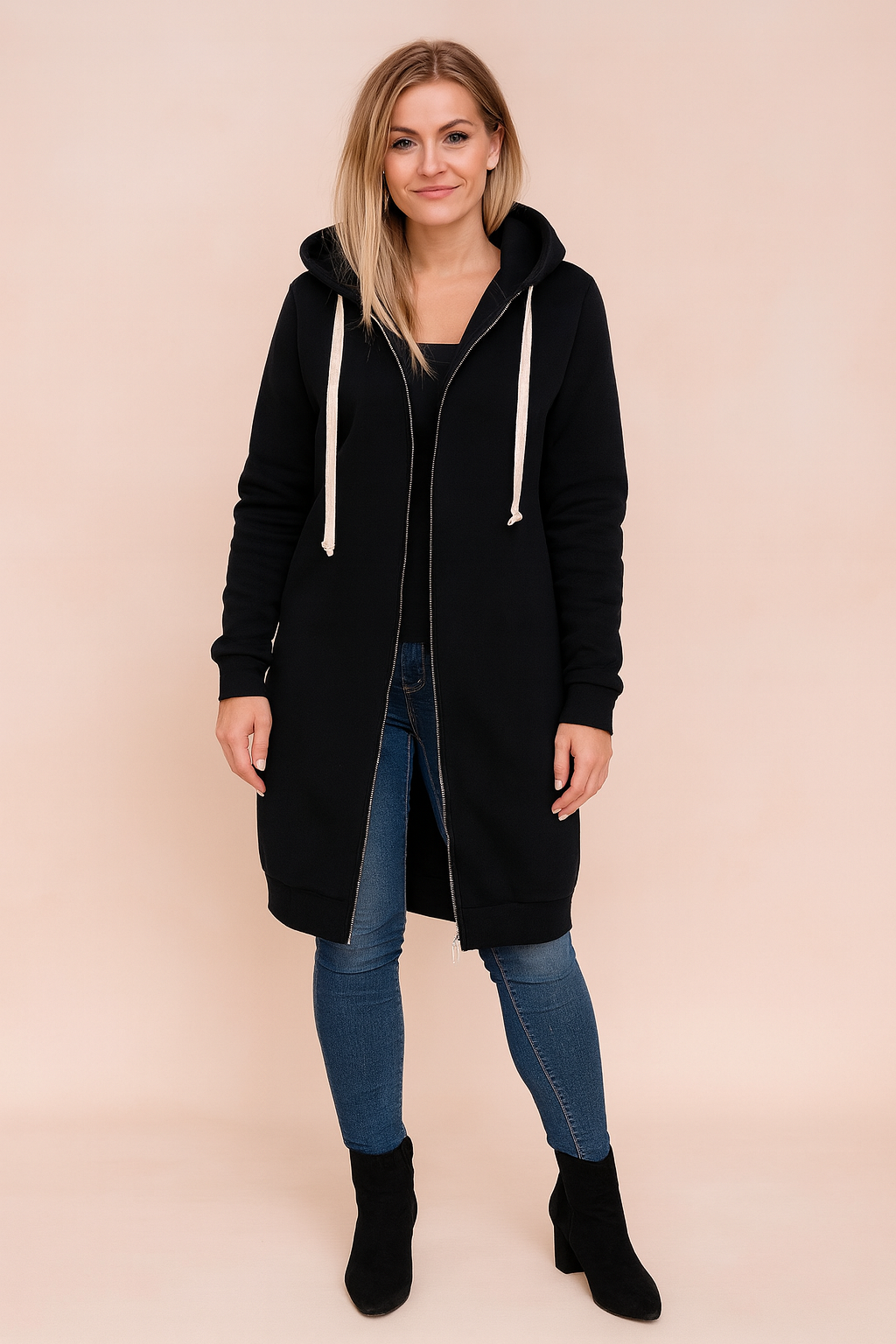 Women's cozy knit long sweater in a chic, elegant style. Perfect for versatile fall outfits.