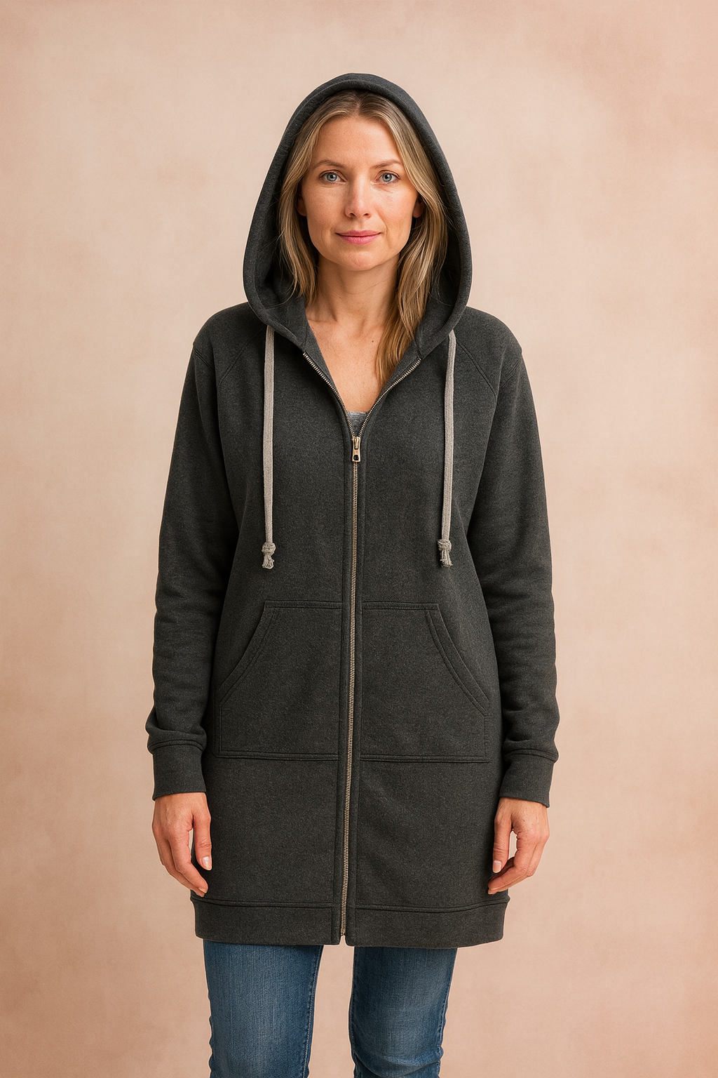 Comfortable women's long knit sweater, versatile for casual styles and cozy outfits.