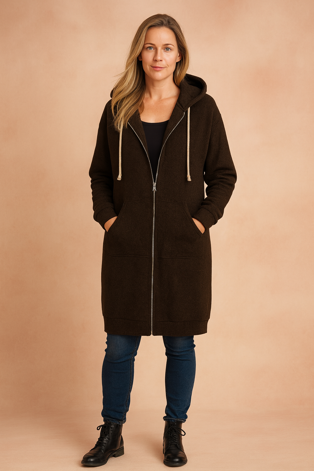 Fashionable women's long sweater, a flattering top for casual outings or cozy home wear.