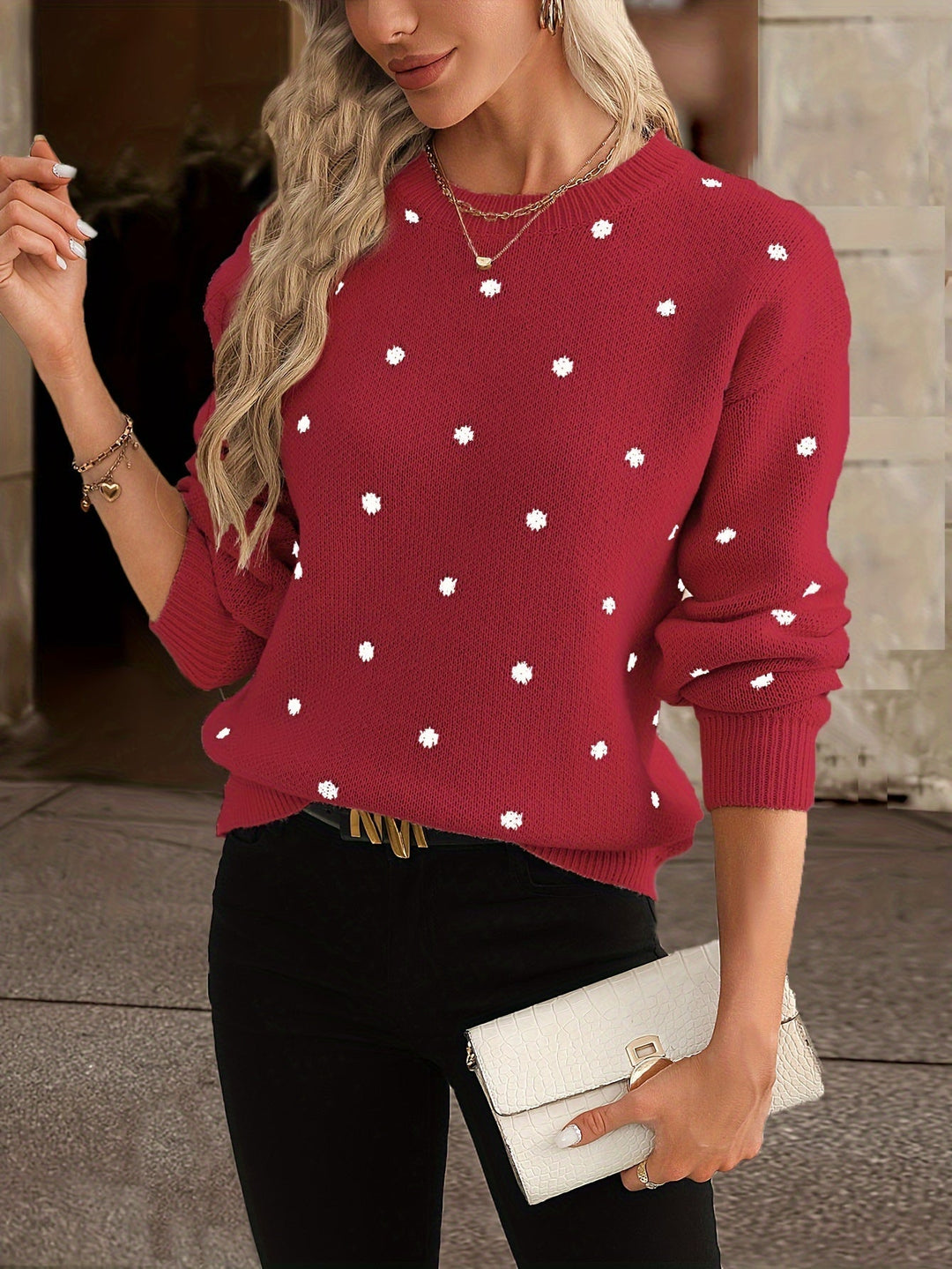 Chic women's polka dot knit sweater for autumn & winter. Cozy, long-sleeve, round neck casual top.