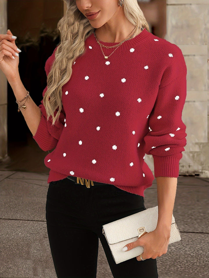 Chic women's polka dot knit sweater for autumn & winter. Cozy, long-sleeve, round neck casual top.