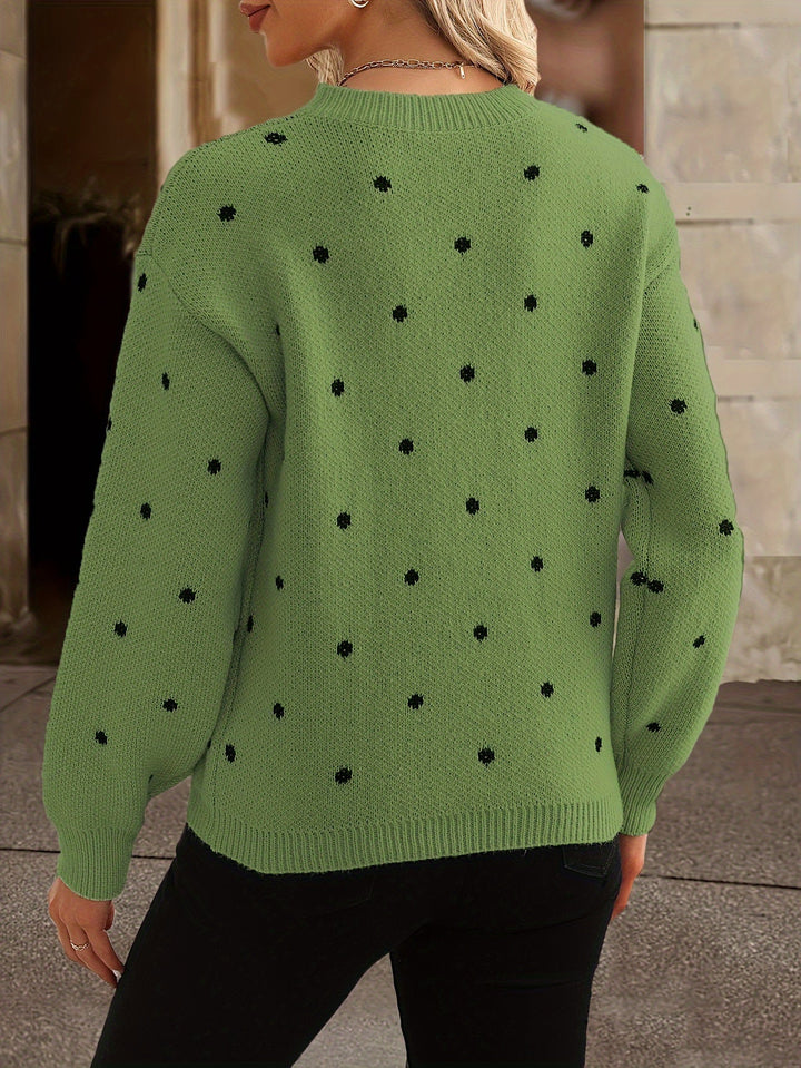 Zara-style polka dot sweater for women. Cozy autumn/winter long-sleeve knit, perfect for casual chic.