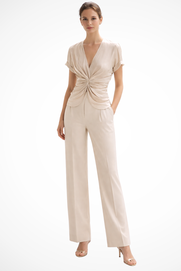 Women's cream V-neck short sleeve blouse with elegant twist front detail, perfect for versatile summer & office wear.