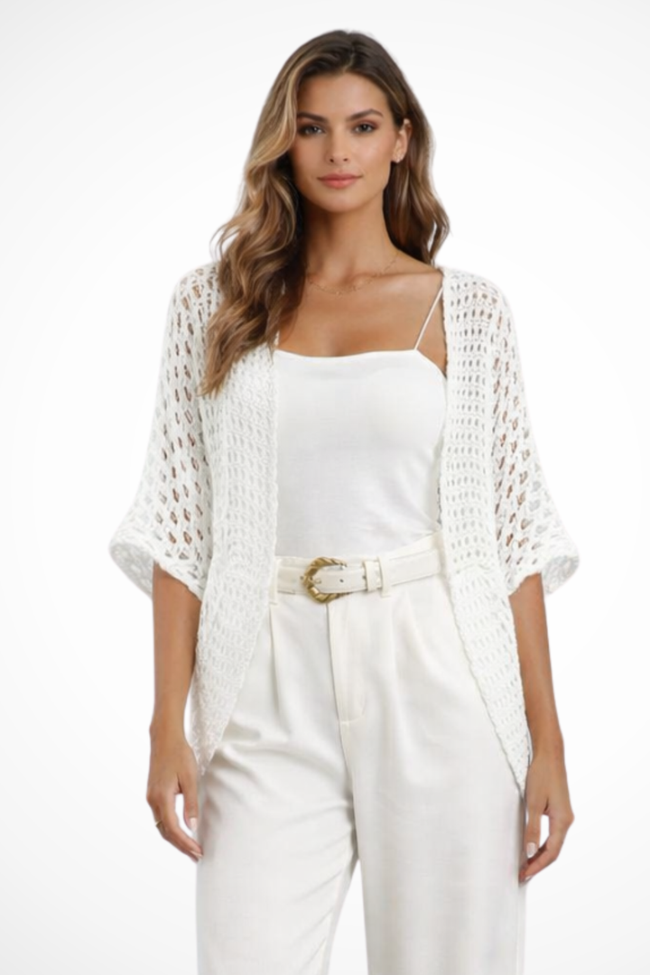 Women's crochet open front short sleeve cardigan, perfect for spring and summer layering.
