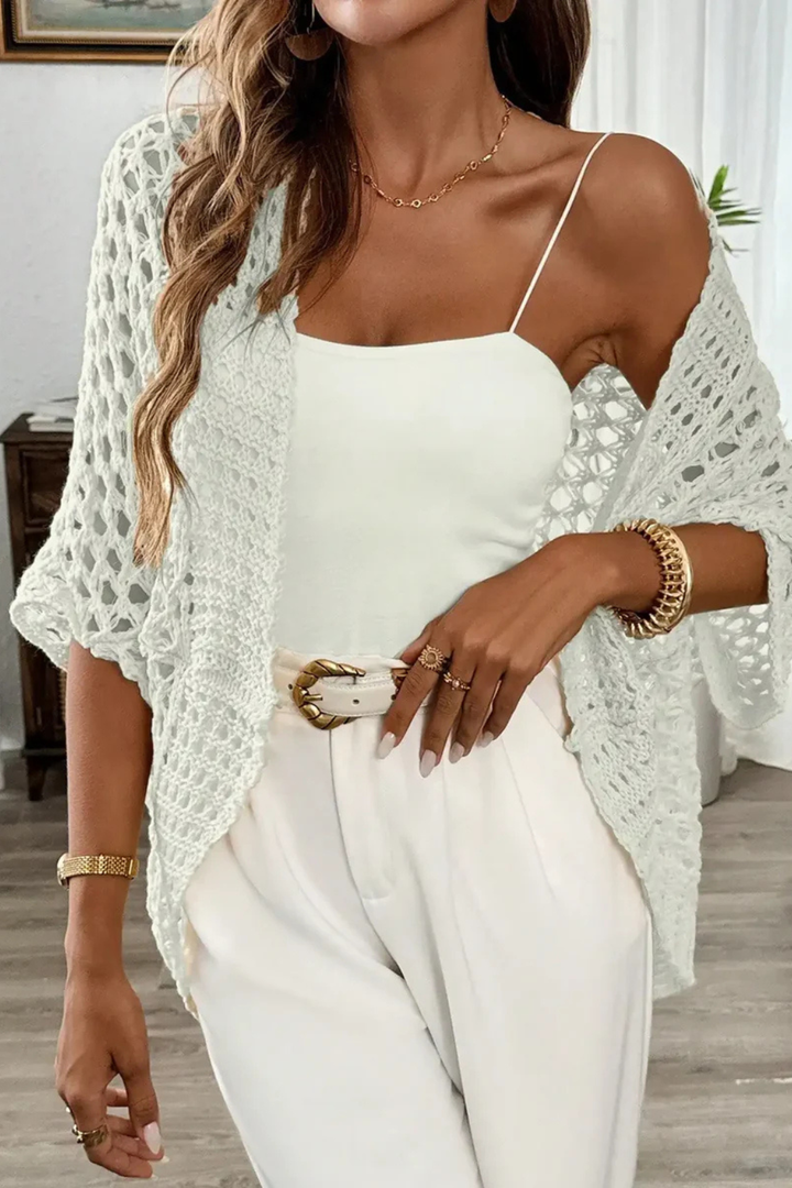 Chic women's cropped crochet cardigan with open front, short sleeves & textured knit.