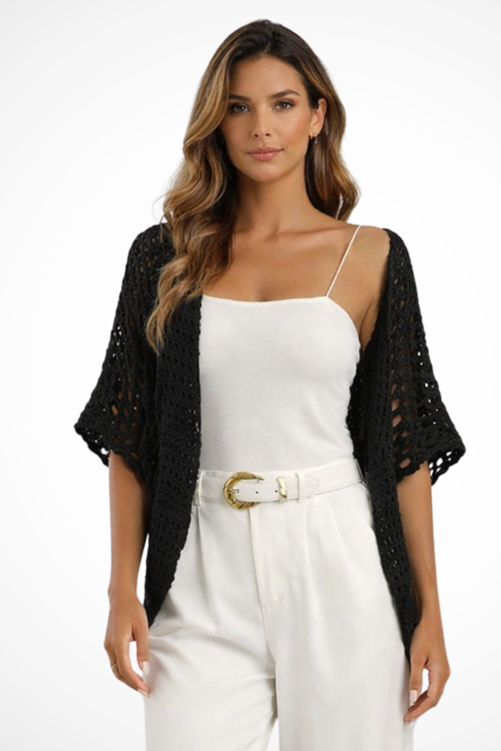 Lightweight women's summer crochet cardigan, short sleeve, open front, for casual wear.