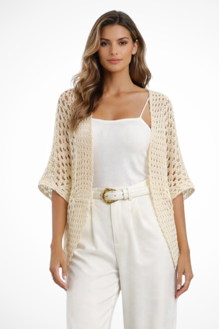 Casual chic women's open front short sleeve crochet cardigan, ideal for everyday style.