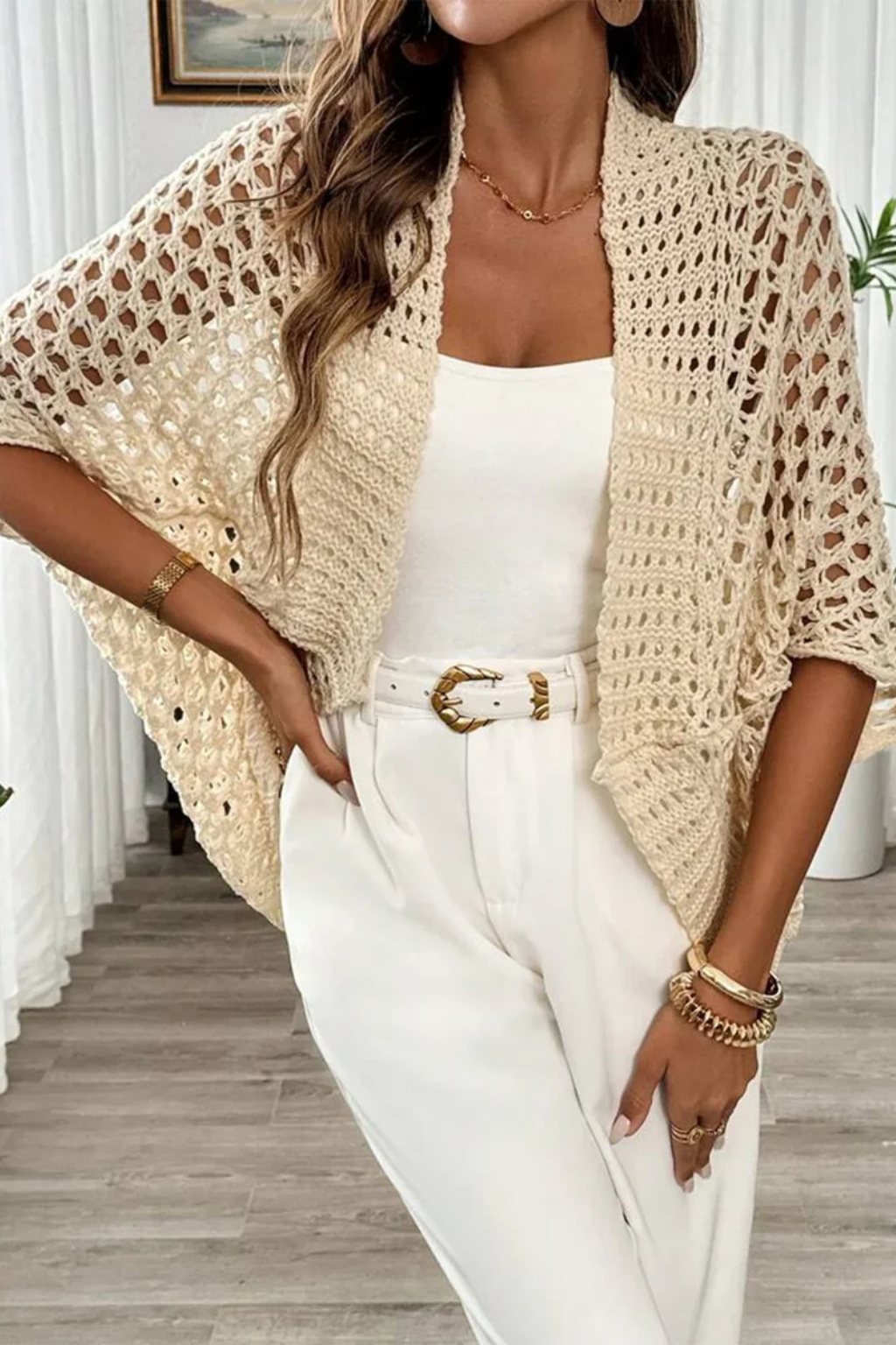 Women's spring fashion crochet short sleeve cardigan, open front & cropped for easy layering.