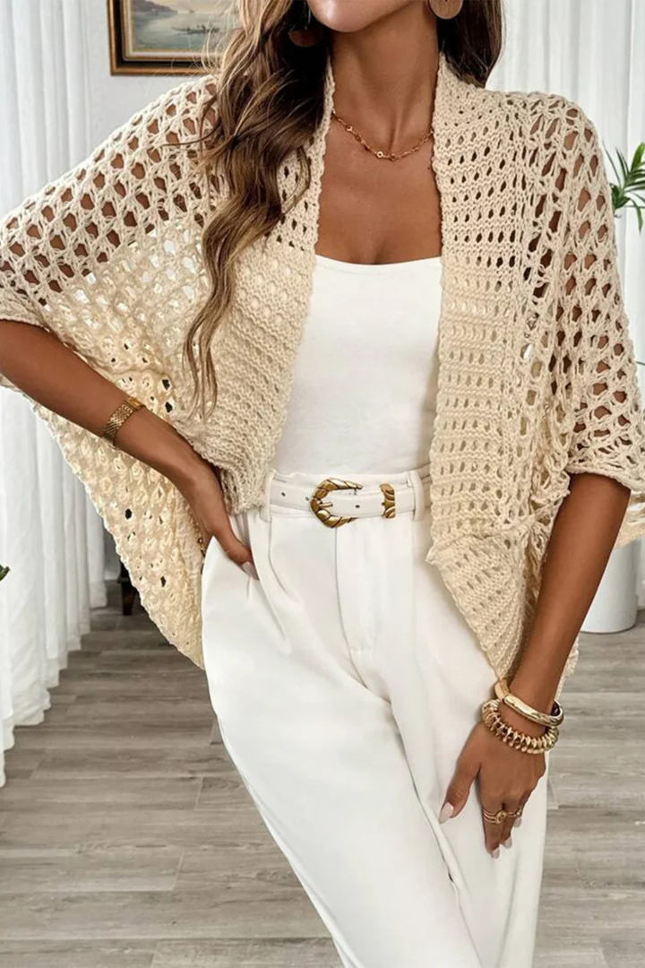 Women's spring fashion crochet short sleeve cardigan, open front & cropped for easy layering.