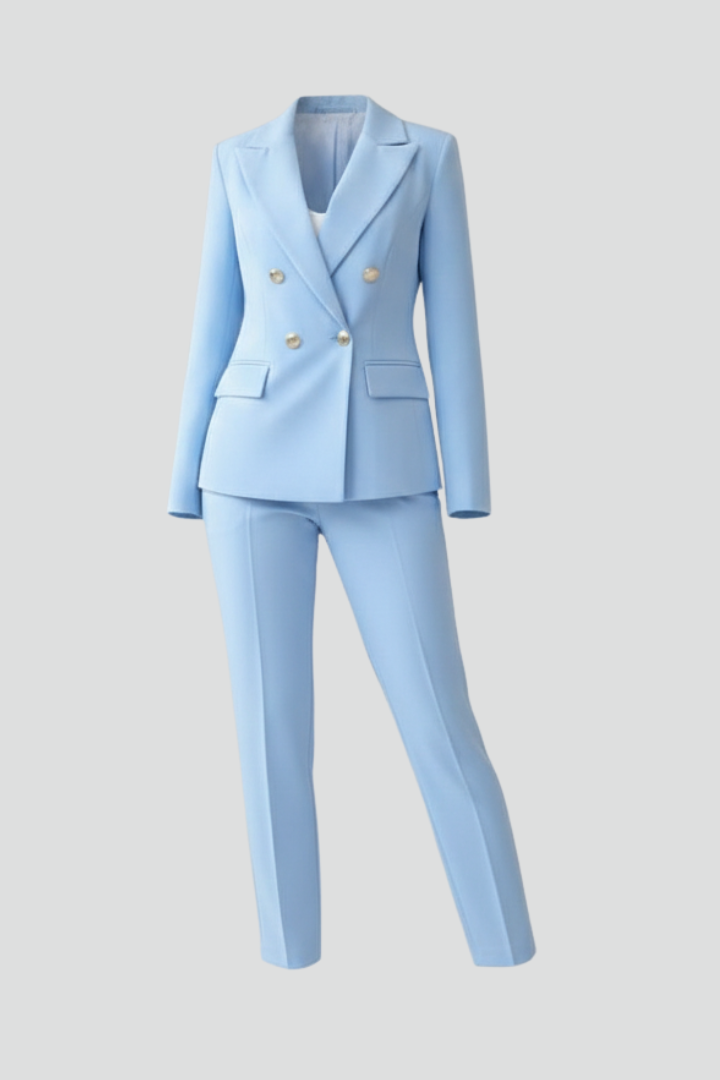 Women's double-breasted two-piece suit set. Tailored formal wear for office & business casual.