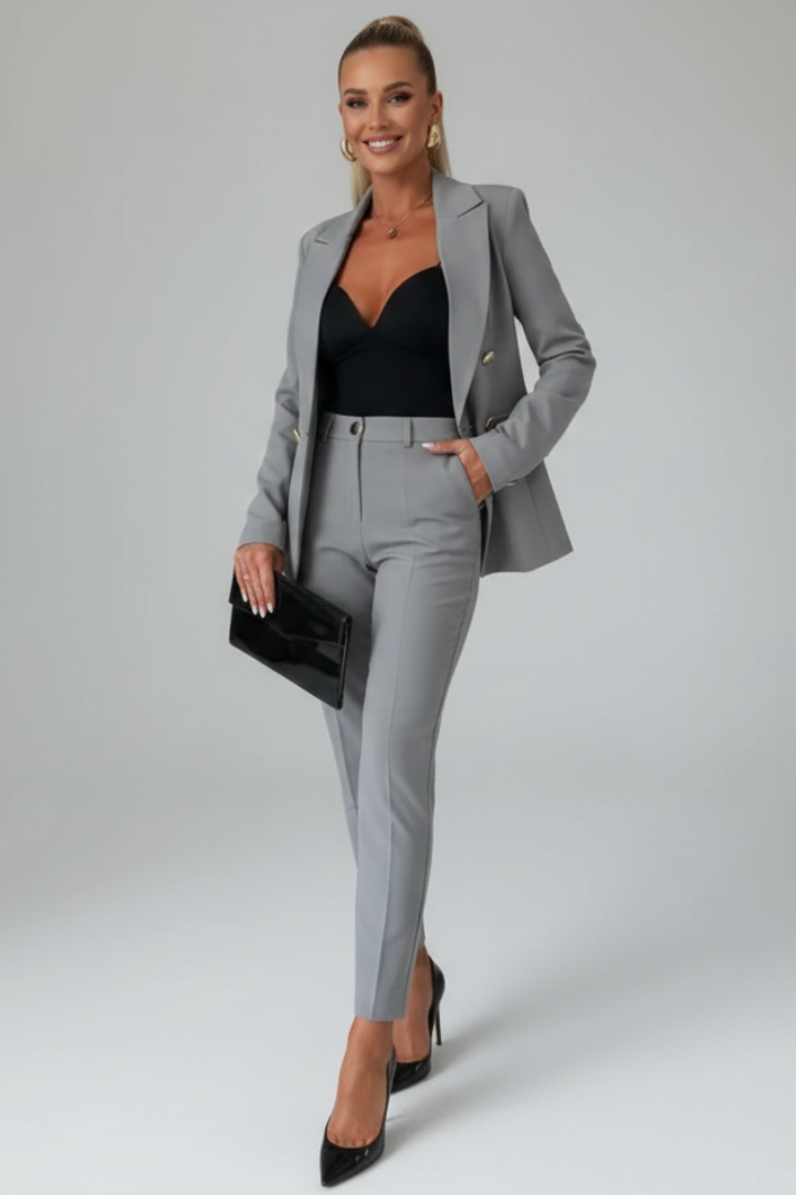Elegant women's double-breasted two-piece suit. Effortless style for office, business & formal.