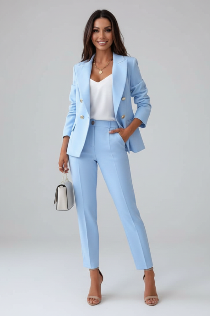 Elegant ladies' matching separates: double-breasted jacket & trousers. Versatile co-ord set.