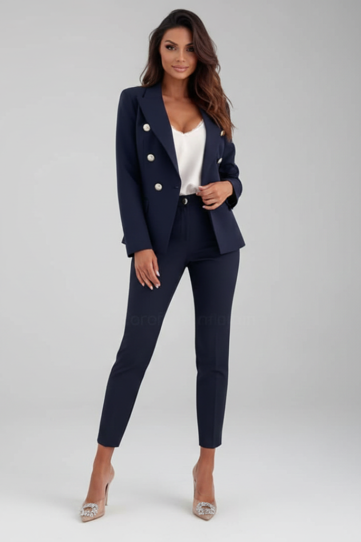 Classic double-breasted women's suit. Tailored formal wear, ideal for office and events.