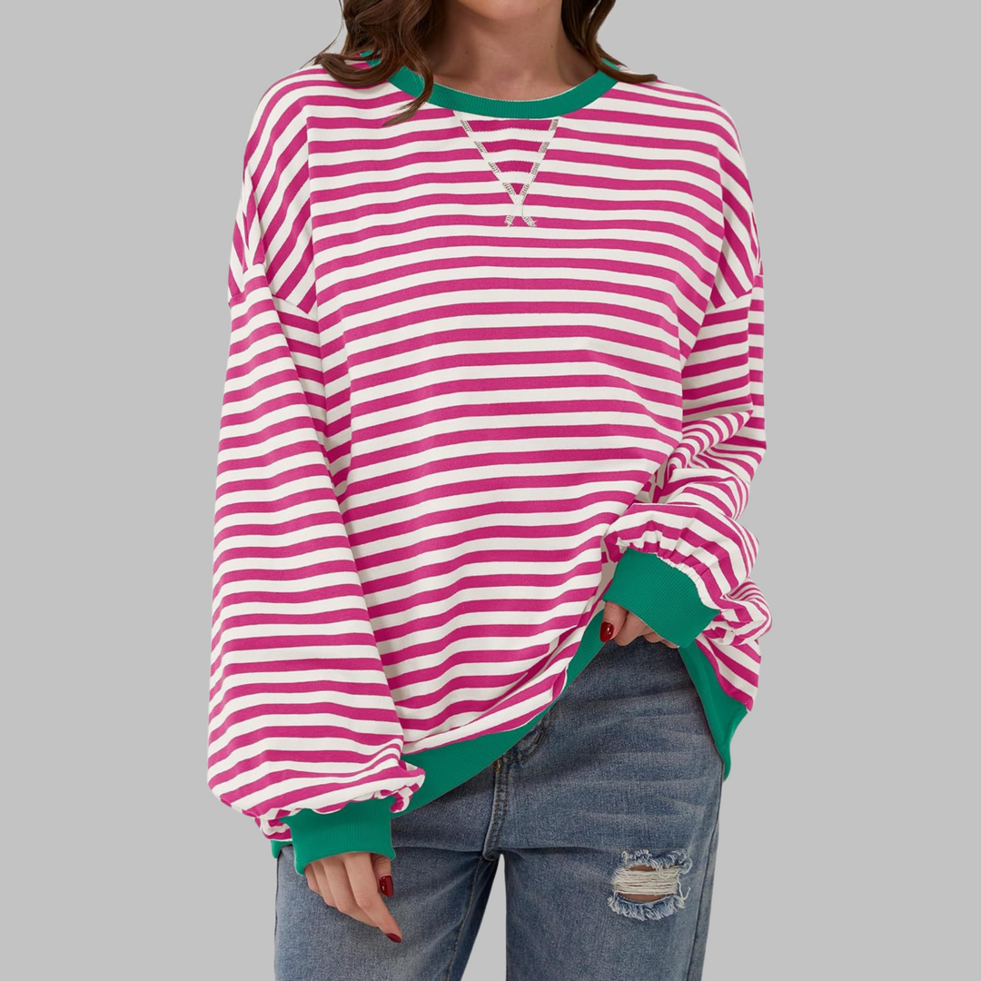 Relaxed fit women's striped long-sleeve top with round neck for comfy wear.