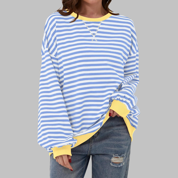 Striped long-sleeve top for women, a comfy round neck sweatshirt for daily wear.