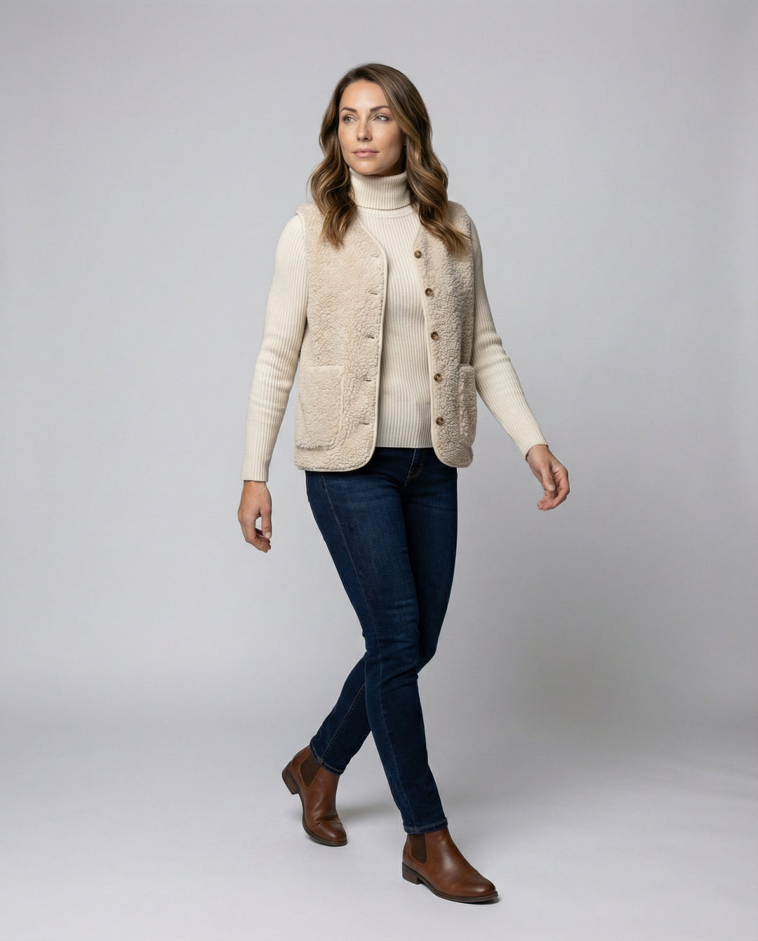 Women's elegant beige comfort essential, versatile for everyday or layering, timeless wardrobe classic.