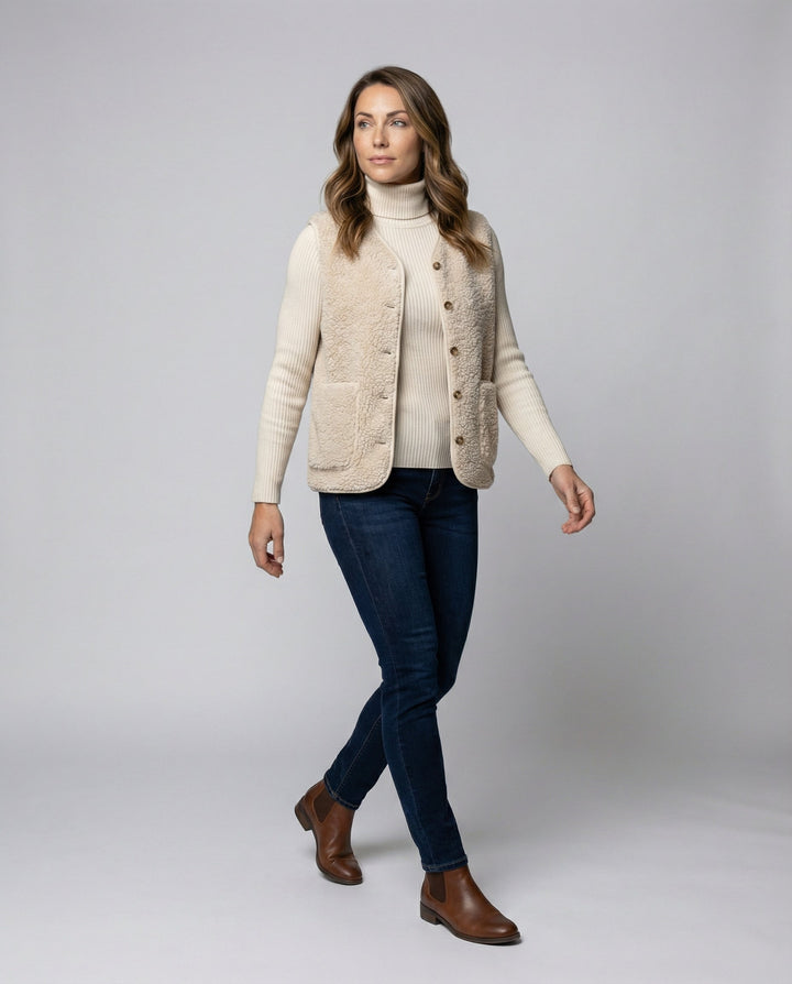 Women's elegant beige comfort essential, versatile for everyday or layering, timeless wardrobe classic.