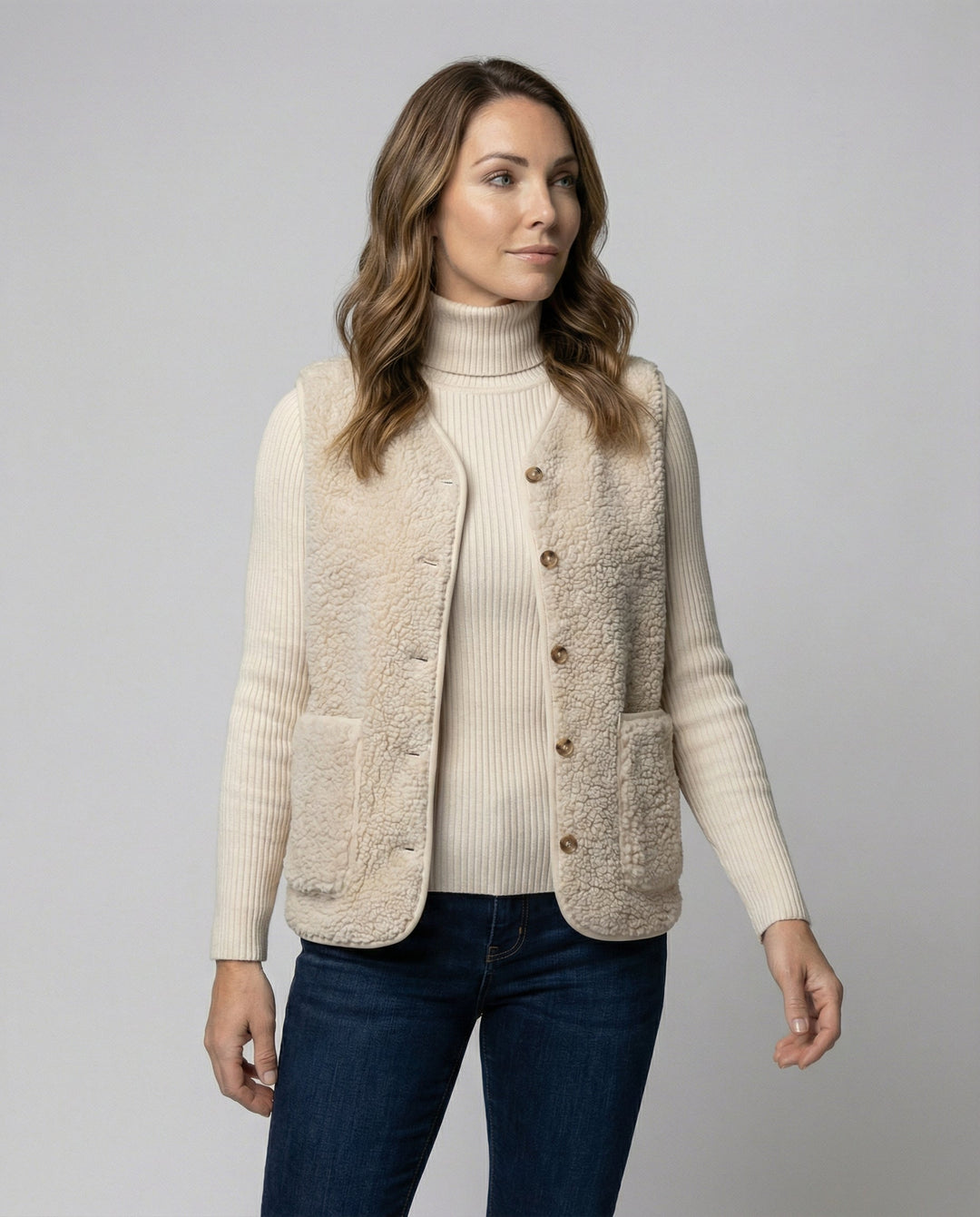 Chic neutral beige essential top for women, offering timeless style and comfortable versatility.