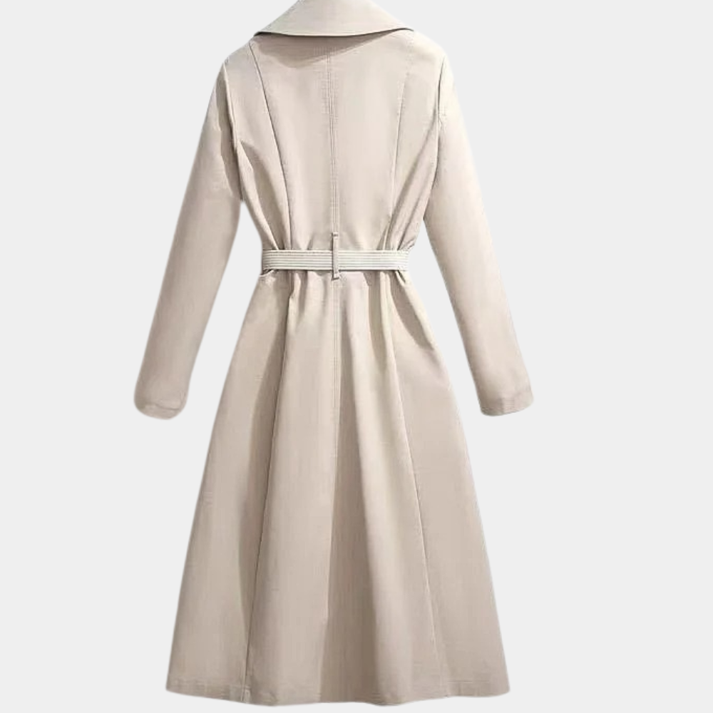 Women's elegant beige trench coat for versatile spring & fall fashion. Luxurious classic outerwear.