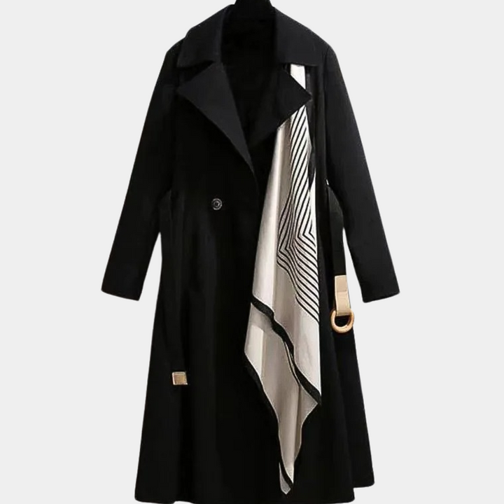 Classic women's long trench coat with belt, showcasing elegant casual chic style. Perfect luxury outerwear.