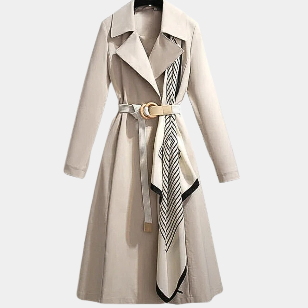 Chic women's long trench coat, a classic versatile jacket for elegant fall & spring outerwear.