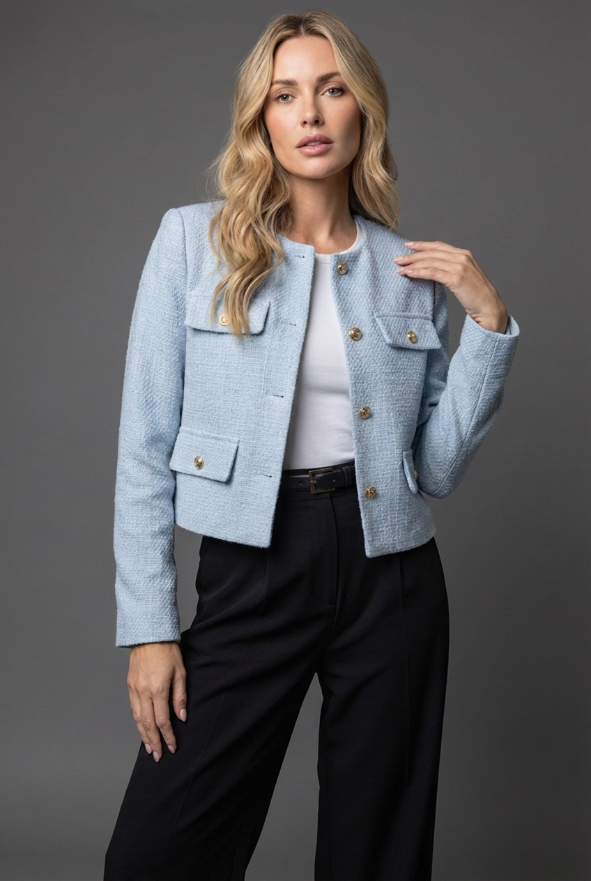 Women's elegant cropped blazer jacket with stylish gold buttons, perfect for smart casual and workwear.