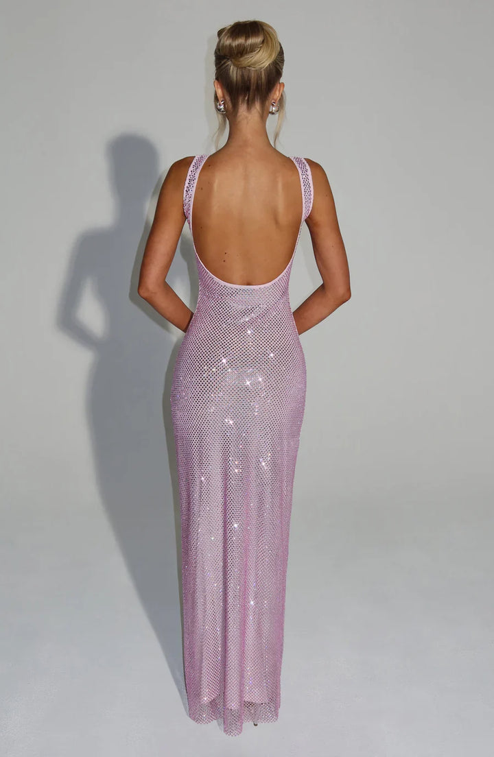 Women's black embellished formal gown, classic and elegant.