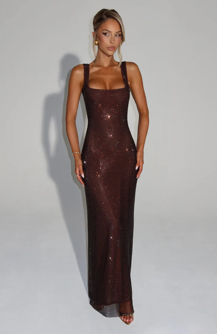 Stunning black embellished evening dress, a luxurious choice for parties.
