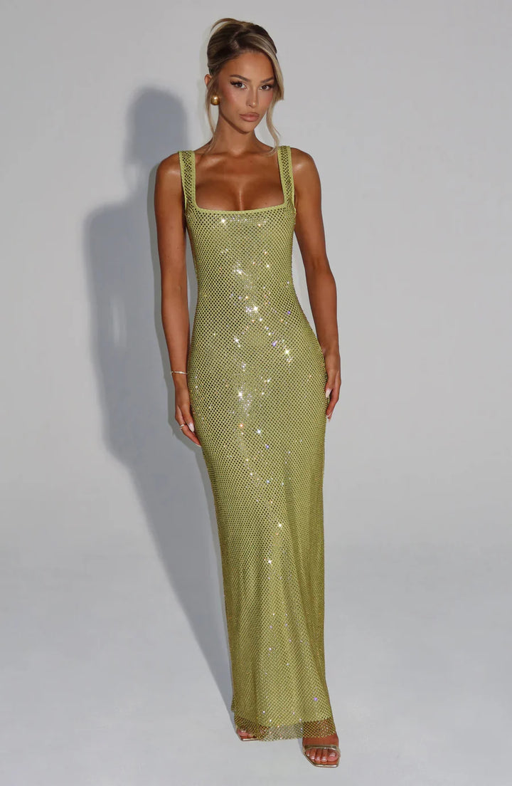 Back view: Elegant floor-length maxi dress with square neck and embellishments.