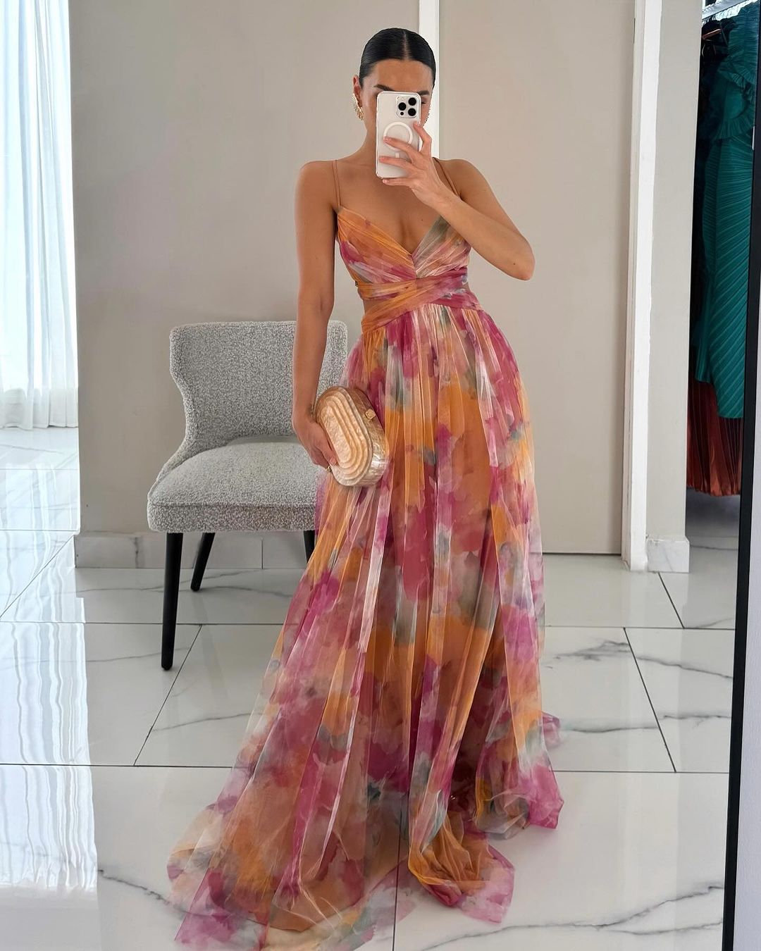 Women's elegant floral maxi dress, flowy spaghetti strap design, perfect for summer vacation.