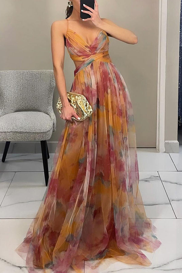 Beautiful women's floral maxi dress, v-neck, backless, flowy design, elegant summer resort wear.