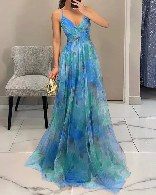 Elegant women's summer floral maxi dress, spaghetti strap, a-line, resort wear, effortless style.